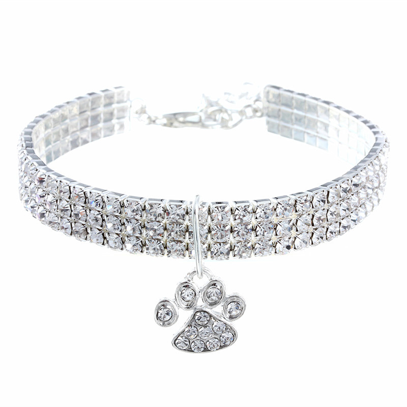 Collier de chien patte strass collier de chat taille de cou réglable 20CM ~ 30CM pour petits chiens moyens chat Chihuahua accessoires de chien: L / WHITE