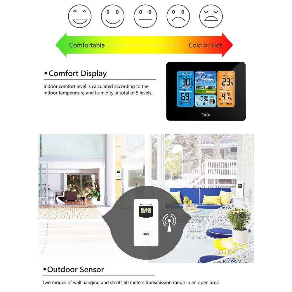 FJ3373 Multifunction Digital Weather Station LCD Alarm Clock Indoor Outdoor Weather Forecast Barometer Thermometer Hygrometer