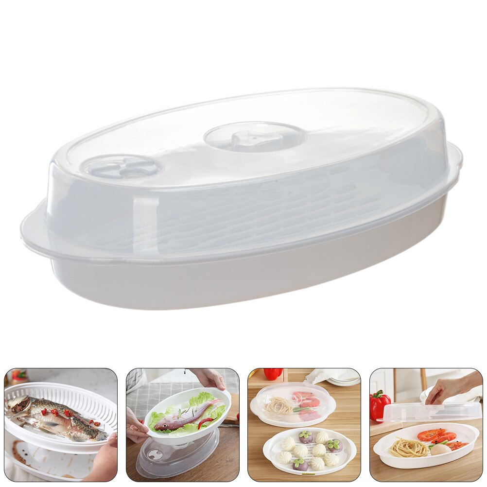 1pc Microwave Oven Kitchen Steamer Plate Food Steaming Tool with Lid (White)
