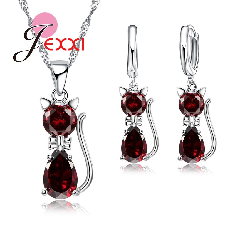 Conjunto de joias para gato, varejo, romântico, noivado, prata, bonito, colar, brincos com cristal prateado para mulheres: red