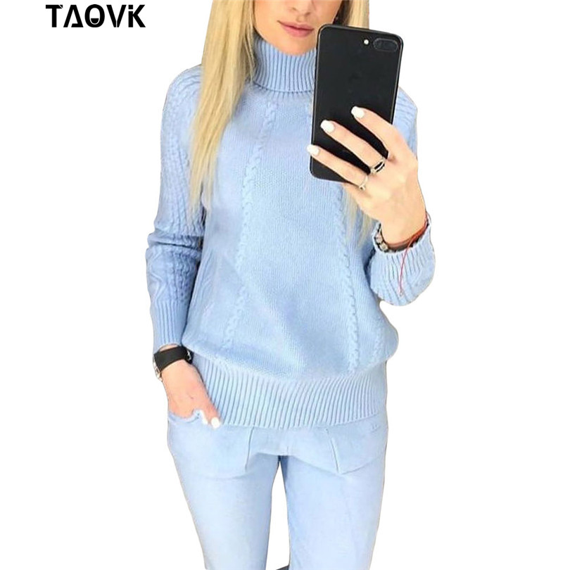 TAOVK Soft Knitted Suits warm sweater suit Women's Twist knitting turtleneck sweater top and pants Loose Style tracksuit ropa