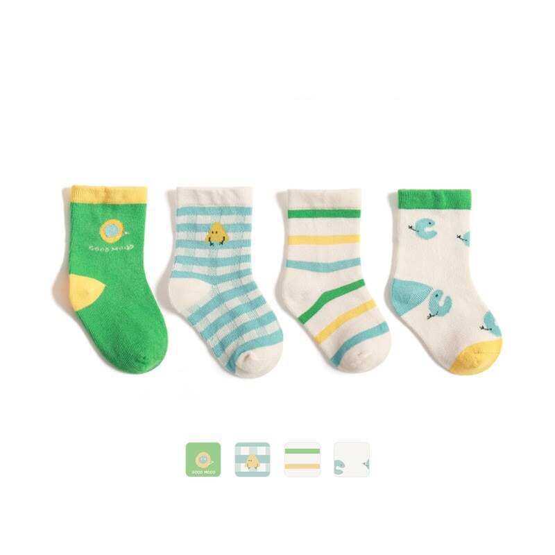 4 paia di calzini per neonati per ragazzi, ragazze, bambini, calzini a tubo centrale in cotone, calzini morbidi per bambini, accessori per abbigliamento per bambini: green / 1-3Years(11-13cm)