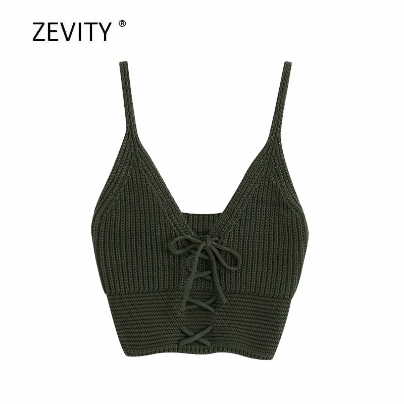 Zevity Vrouwen V-hals Lace Up Boog Gebonden Breien Sling Trui Vrouwelijke Basic Spaghetti Bandje Korte Vest Truien Chic Crop tops S315: CBRL S315G / S