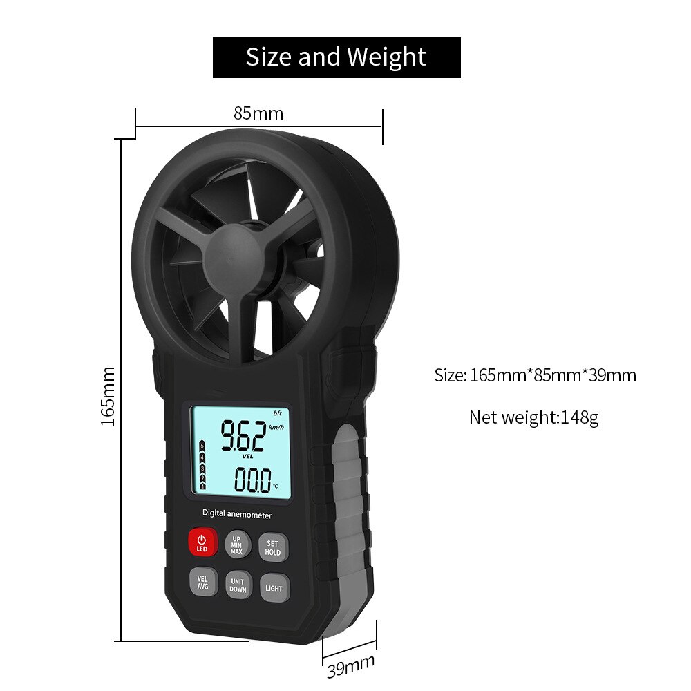 MT62 Black Handheld Digital Neutral Anemometer Can Measure Wind Speed and Temperature Wind Chill Digital Display Backlit LCD