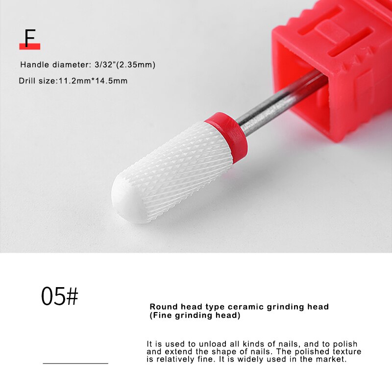 Broca limpiadora de uñas de cerámica blanca, taladro de uñas (arena: mediana), 3/32 ", tamaño de vástago, para limpieza de cutículas, seguridad: 05