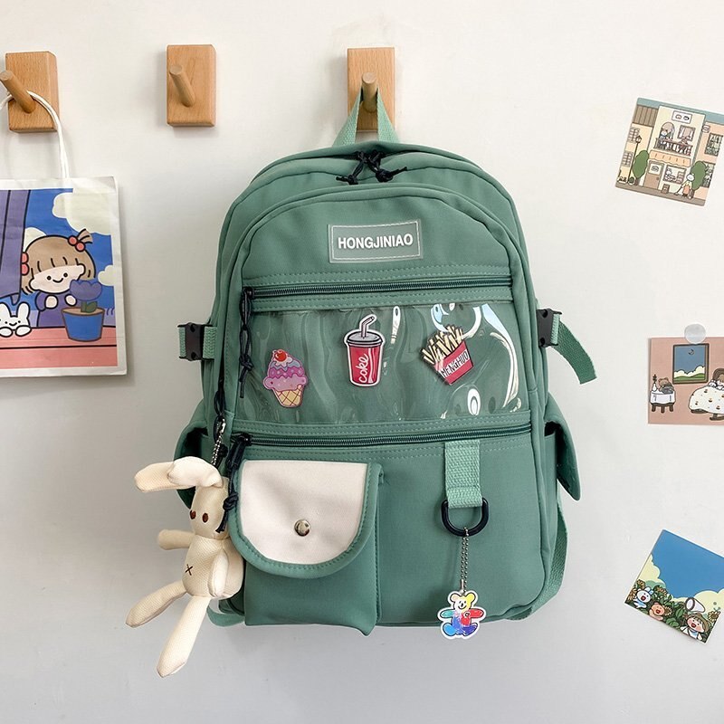 Mochila Coreana de gran capacidad para mujer, bolso escolar de bolsillo transparente para adolescentes, bolso de viaje de estilo Preppy a la: Verde / With-Accessories