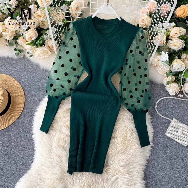 Yuoomuoo naiset neulottu punainen juhlamekko syksy talvi mesh piste pitkä puhvihihainen bodycon mekko lyhyet naisten mekot: Vihreä