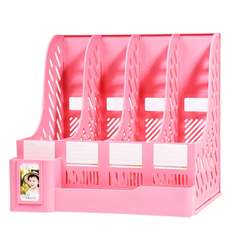 Multi-purpose 4-layer Document Holder Lable Window Pen Holder File Storage Case Vertical Placement for Desk: Pink