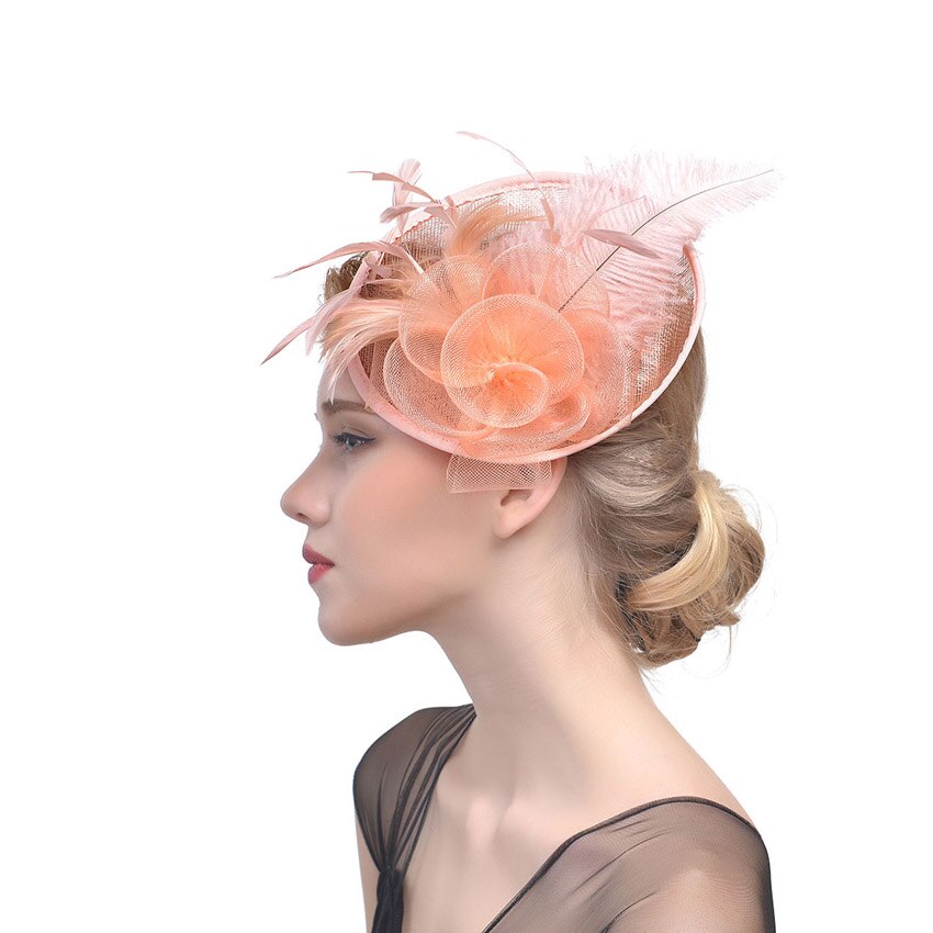 WELROG – chapeau tendance pour femme, chapeau, plume, gaze, maille solide, épingle à cheveux, pour fête, mariage, ruban: Orange