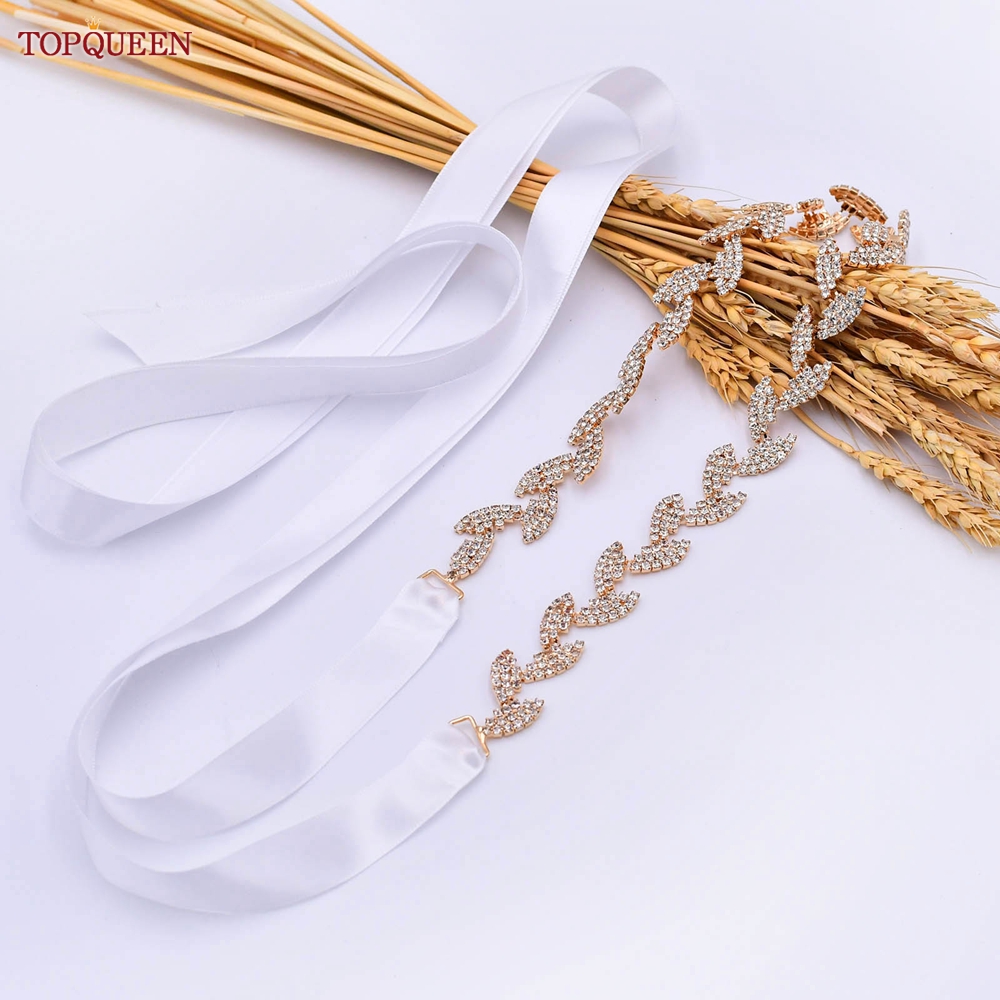 TOPQUEEN S198-G złoty pasek robić sukni ślubnej błyszczące stopu kryształ górski liście skrzydła kobiety diament akcesoria ślubne dla nowożeńców impreza pas