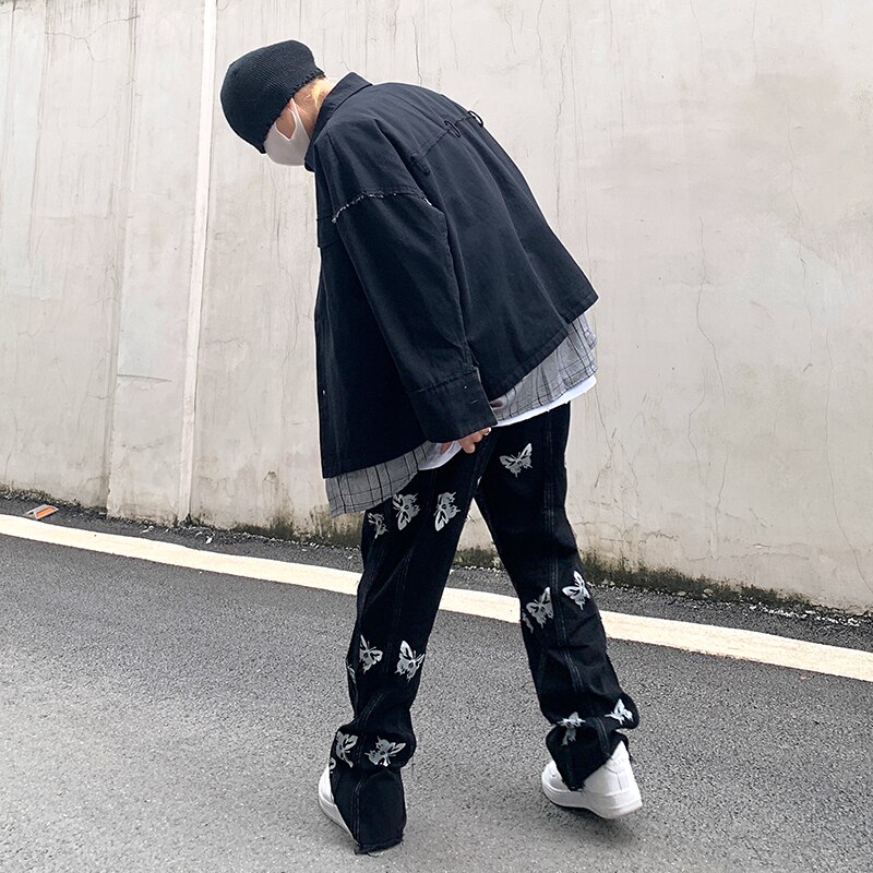 IEFB Men's Butterfly Reflective Print Tassel Harajuku Hip Hop Streetwear Black Jeans Trend Niche Denim Trousers 9Y6339