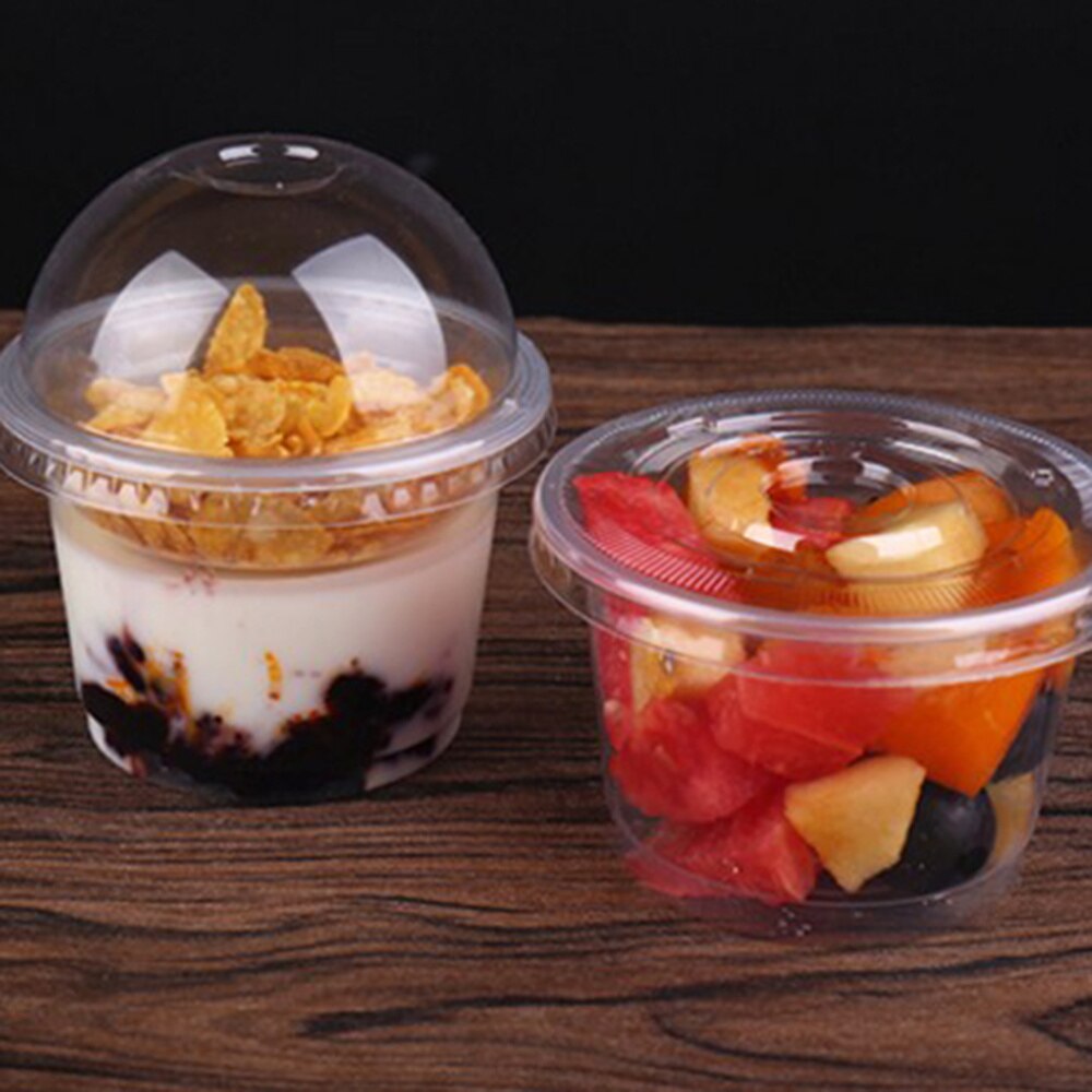 25pcs 250ml Disposable Salad Cup Transparent Dessert Bowl Container with Lid for Bar Cafe Home (Dome Lid with Hole)