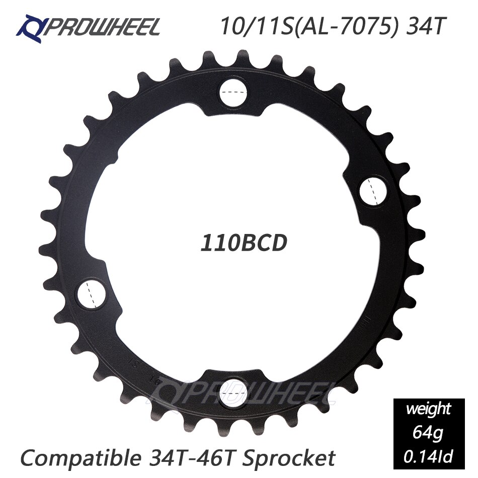 Prowheel Racefiets Kettingblad 110/130BCD 34/39/50/53T Tandwiel AL-7075 Cnc 8/9/10/11 Speed Chainwheel Crankstel Tandplaat Onderdelen: 4h 110bcd 34t Al7075