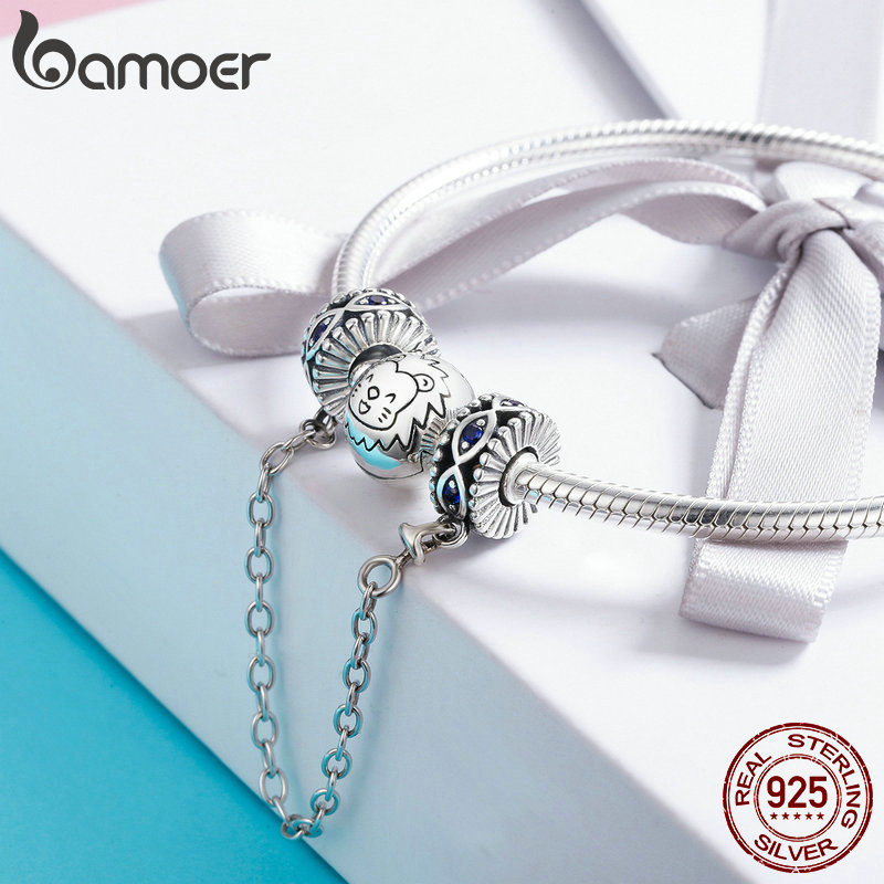 BAMOER 100% 925 Sterling Silver Guardian Blue Eyes Blue CZ Safety Chain Stopper Charm fit Bracelet Bangles DIY Jewelry SCC617