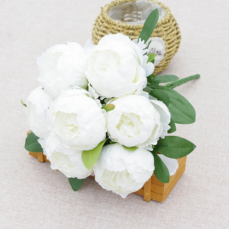 7 Heads Artificial Peony Bouquets Wedding Flowers Arrangement,Blue Red White Silk Peonies Flower Home Office Table Decoration: WHITE