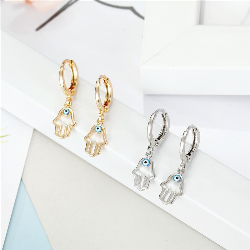 1 paar Vintage Nette Fatima Hand Kleine Hoop Ohrringe Für Frauen Chic Trendy Hohl Auge Palm Anhänger Mini Stud Ohrringe schmuck