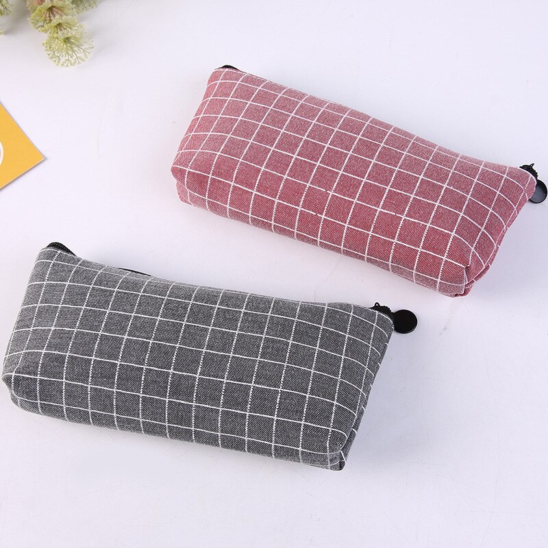 1pcs Canvas Geometric Pencil Case School Color Cute Kawaii Simple Striped Grid Solid Pencil Bag Pouch Students Office Supplies