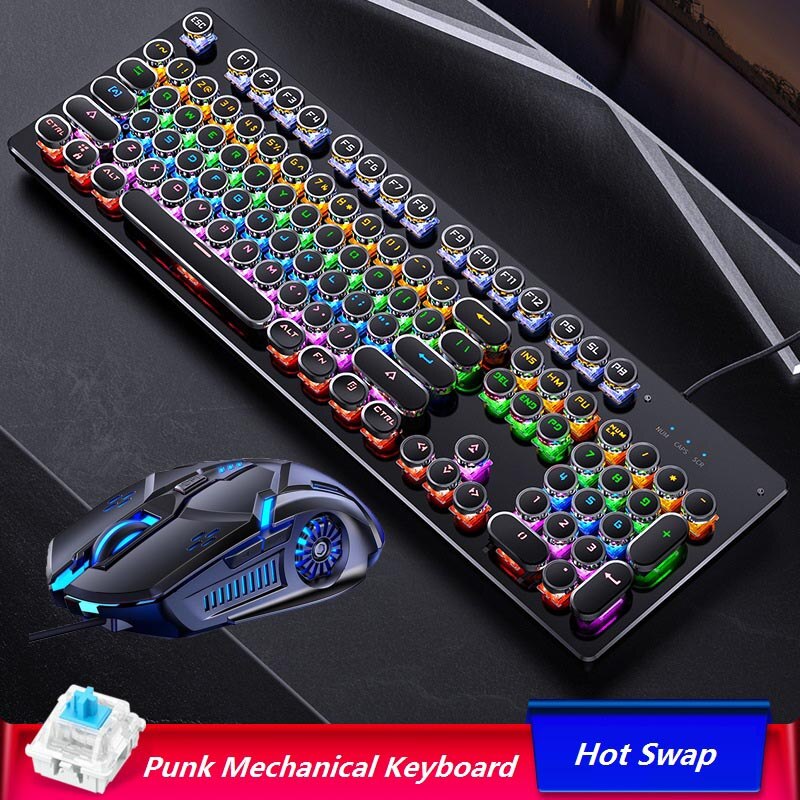 2 in 1 Sets Swap Keyboard Mouse 104 Keycaps RGB Mechanical Keybaord with 3200DPI Macro Wired Mouse for Notebook Desktop PC: 2 In 1 Black