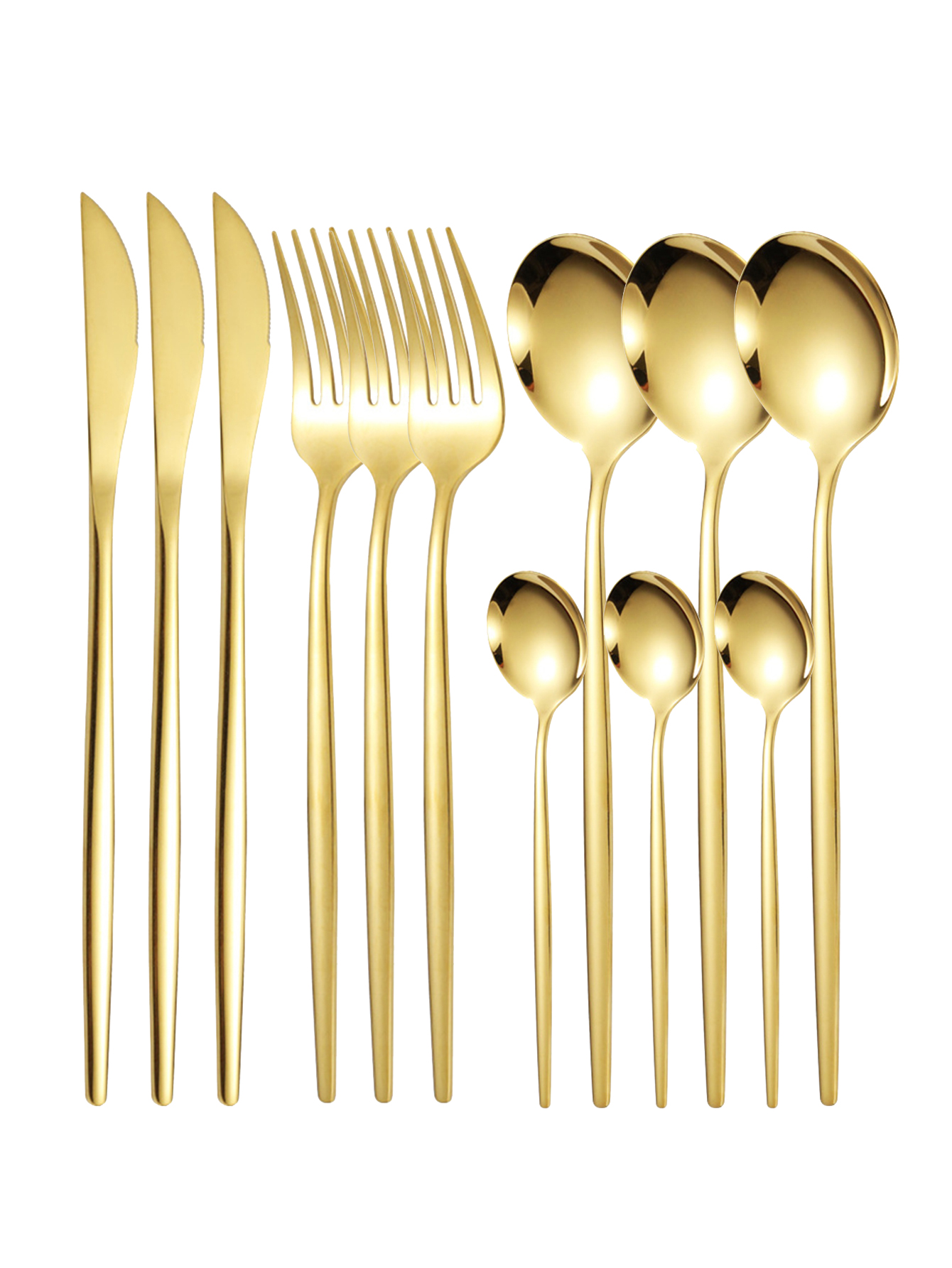 12pc Thin stainless steel cutlery set Portugal steak knife and fork dessert spoon coffee spoon: Gold