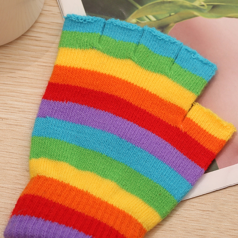 Unisex Half Finger Gloves Rainbow Colored Winter Stretchy Knit Fingerless Typing Gloves for Office School Students