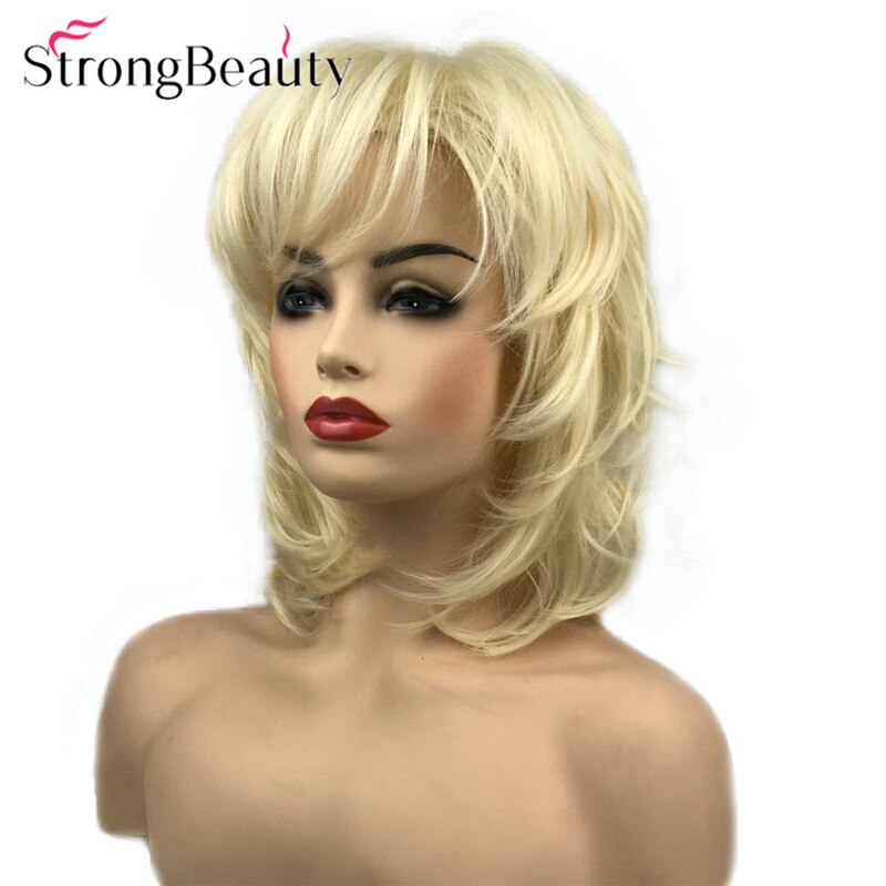StrongBeauty Synthetic Women Wigs Fluffy Natural Medium Length Wavy Blonde/Golden Hair Capless Wig