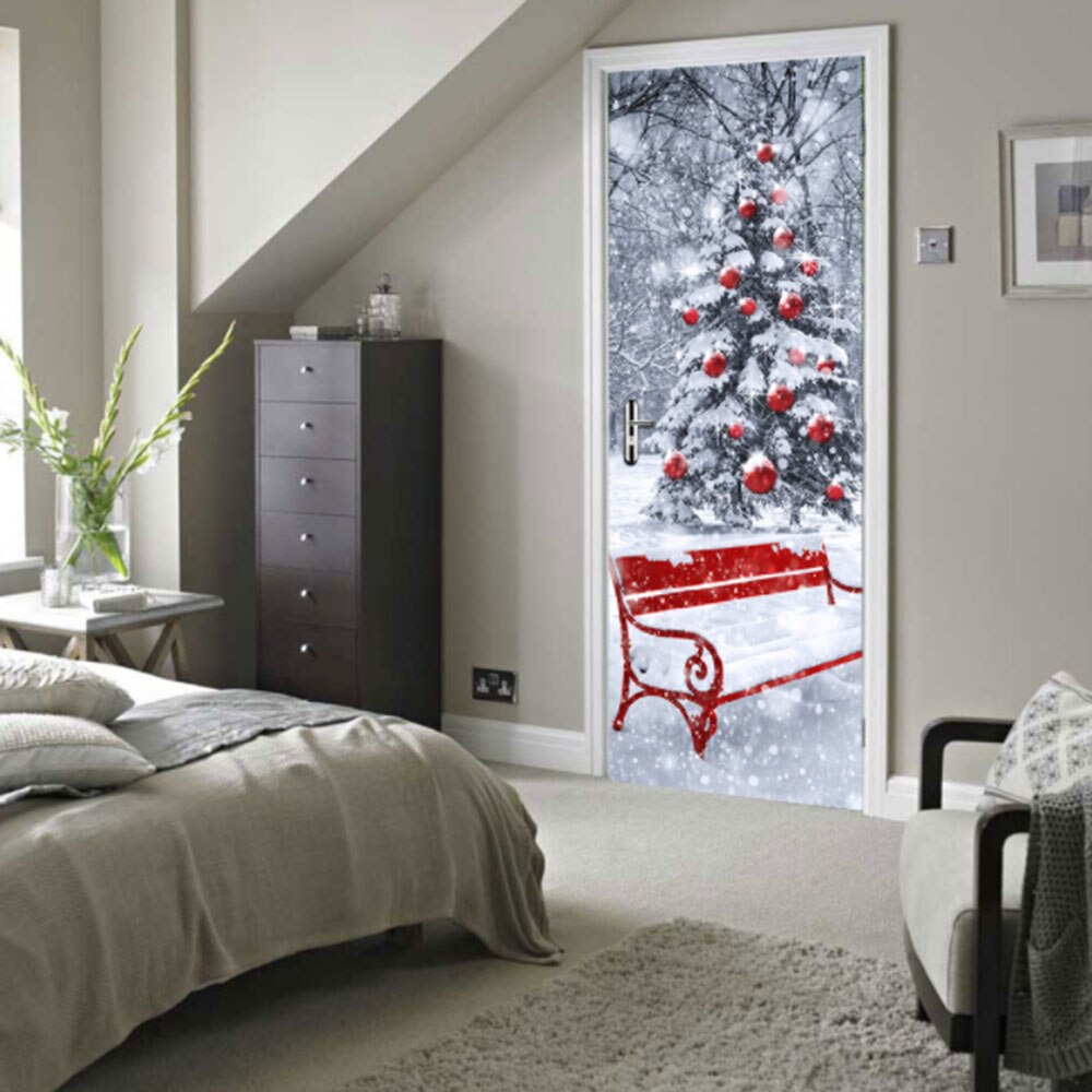 3D Door Sticker Space Landscape Home Decor Room Door Art Picture Pvc Door Christmas Tree Self Adhesive Wallpaper Merry Christmas