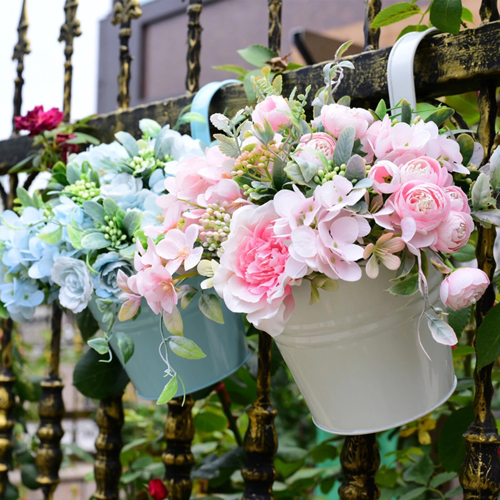 Macetas colgantes de pared para jardín y balcón, cubo de Metal, soporte para flores, 10 colores