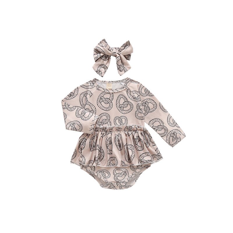 Småbørn piger rund krave jakkesæt baby langærmet bodysuit i ét stykke med sløjfe, sommerblade jumpsuits forår efterår tøj: Beige / 12m