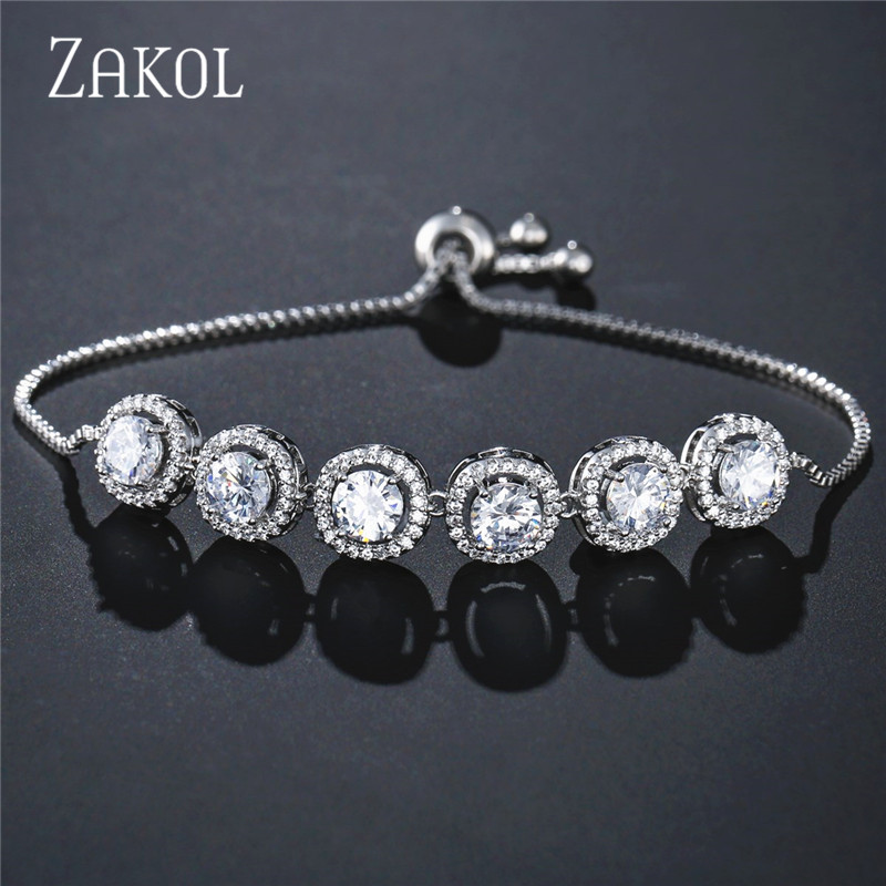 Zakol Mode Ronde Zirconia Verstelbare Ketting Link Armband Met Crystal Vrouwen Armbanden Indiase Sieraden FSBP2067: White Color