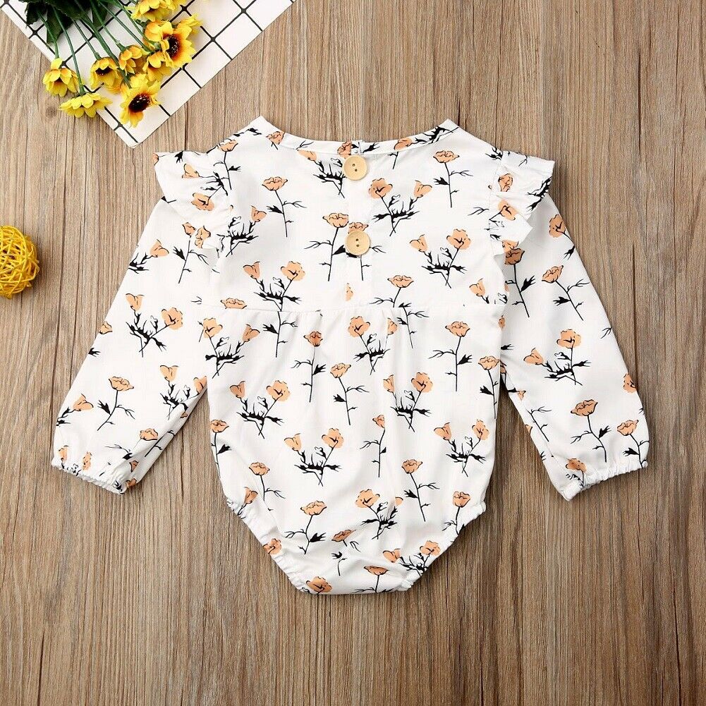 0-24M Newborn Baby Girls Boys Bodysuits Long Sleeve Ruffle Flowers Print Jumpsuit Outfit Autumn Clothes