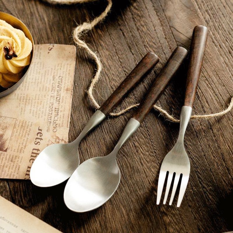 Retro Wooden Handle Dinner Knife Fork and Spoon 304 Stainless Steel Steak Knife Fruit Fork Coffee Tea Spoon Cutlery Set