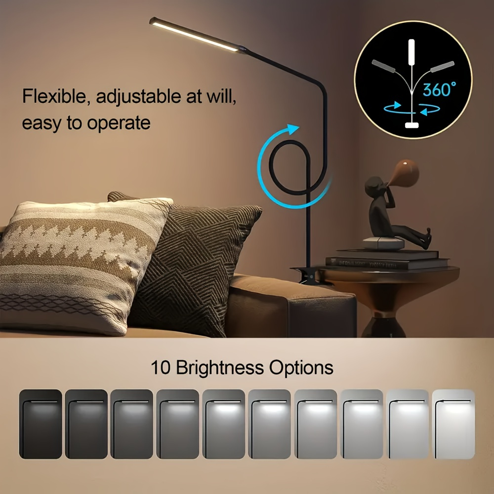Dimmbare, flexibel LED-schreibtischlampe mit schwanenhals (360 °) zum anbringen, leselicht, augenschonendes usb-klemmlicht, bücherlampe, nachtlicht