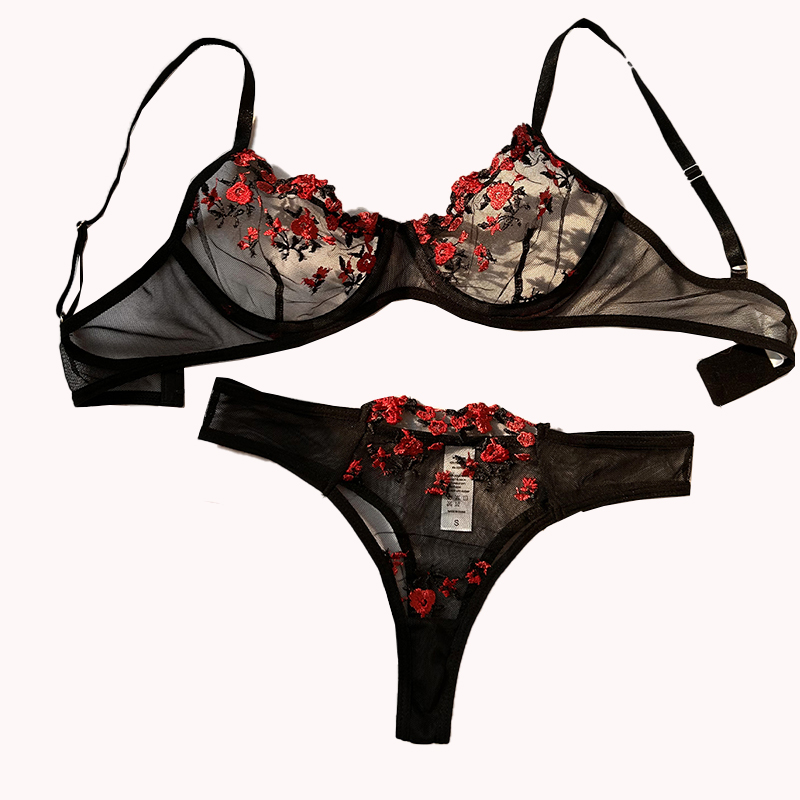 Sexet undertøj til kvinder gennemsigtig broderet små blomster bh lingeri trusser intimt kvindesæt todelt tøj: Sort / Xl