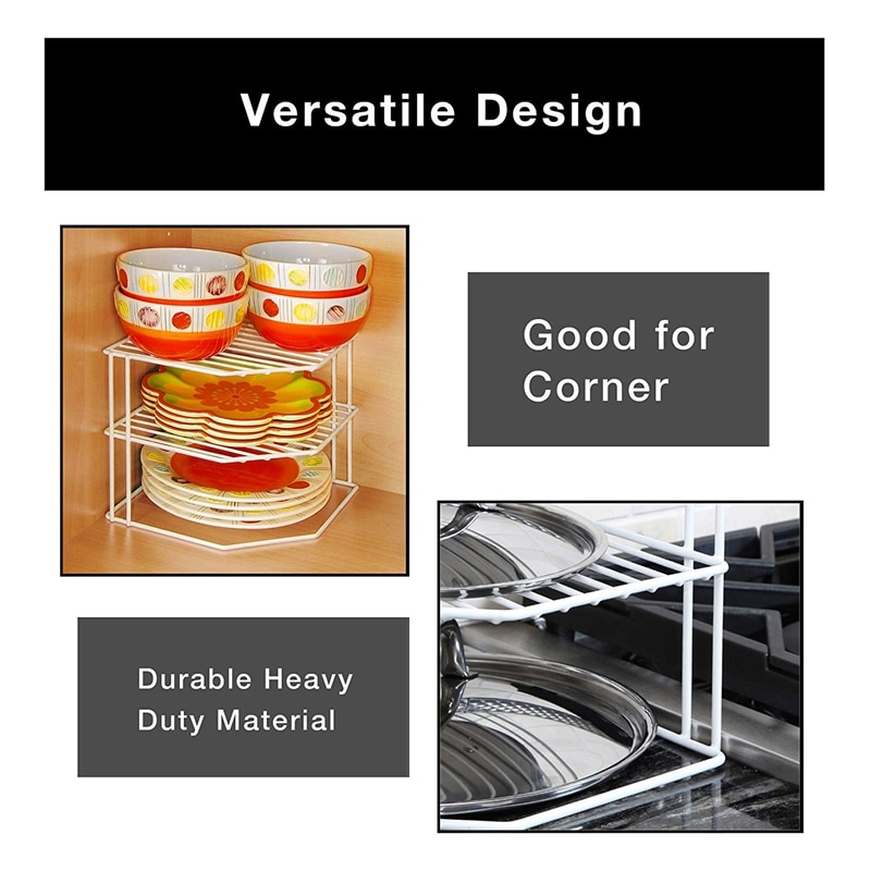 3-Tier Kitchen Corner Shelf Rack-Metal Frame-Rust Resistant Finish-Cups, Dishes, Cabinet & Pantry Organization-Kitchen (9 x 8 In