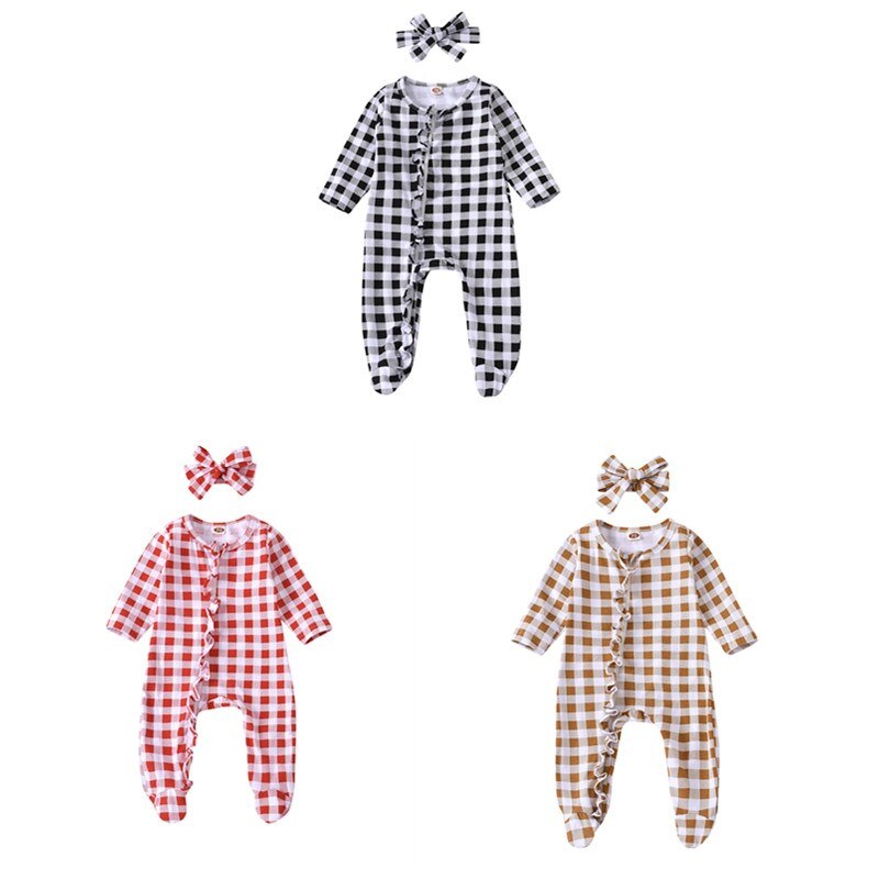 Herfst Mooie Baby Jongen Meisje Romepr Jumpsuit Set Lange Mouw Ronde Hals Falbala Rand Check Patroon Lange Broek Met Boog haarband