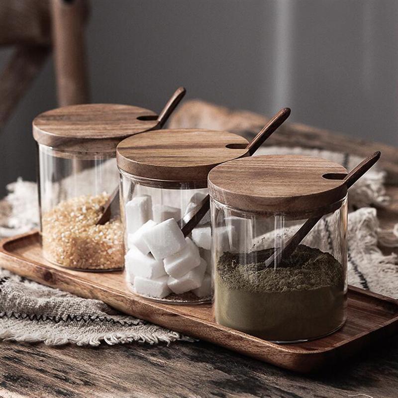 1 stk køkkenkrydderglas glas krydderi beholder salt krukker krydderi gryde med låg og ske krydderier opbevaringsglas glas krukke