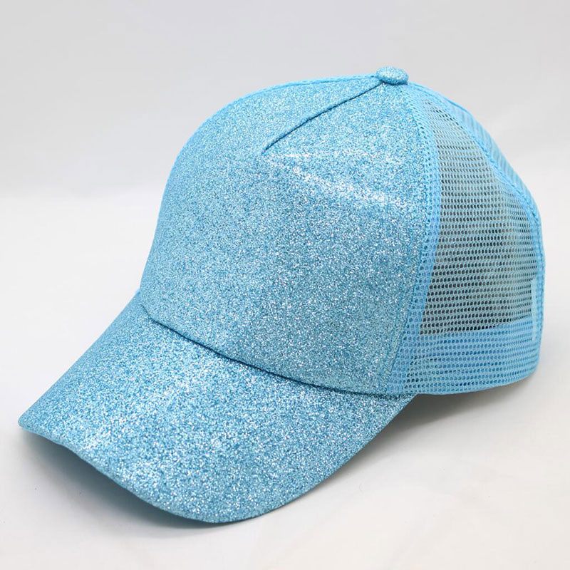Damehat glitter høj hestehale hul kasket 5 #39 mesh trucker baseball cap guld sølv hvid sort pink brun blå: Blå