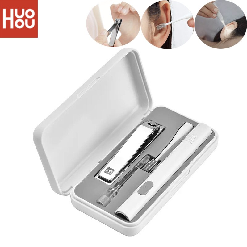 Huohou tragbares usb-ohrnagelpflegeset mit led-licht, ohrstöpselbürste, werkzeugset zum entfernen von ohrenschmalzreiniger und nagelfeilenschneider