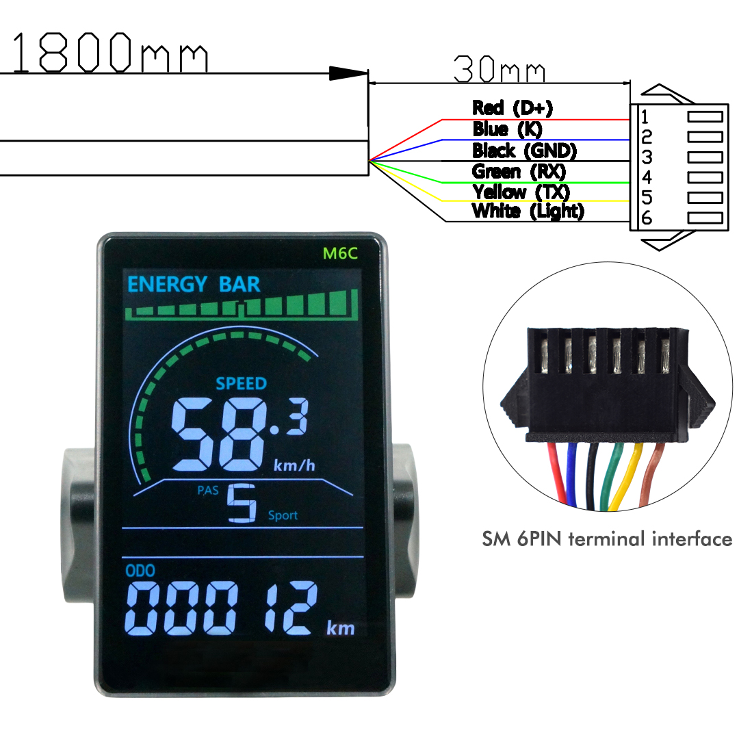 M6C 24V 36V 48V Elektrische Fiets LCD Display Meter Waterdicht E Scooter LCD Panel Kleurenscherm met USB Voor Mountain Elektrische Fiets: Donker Kaki