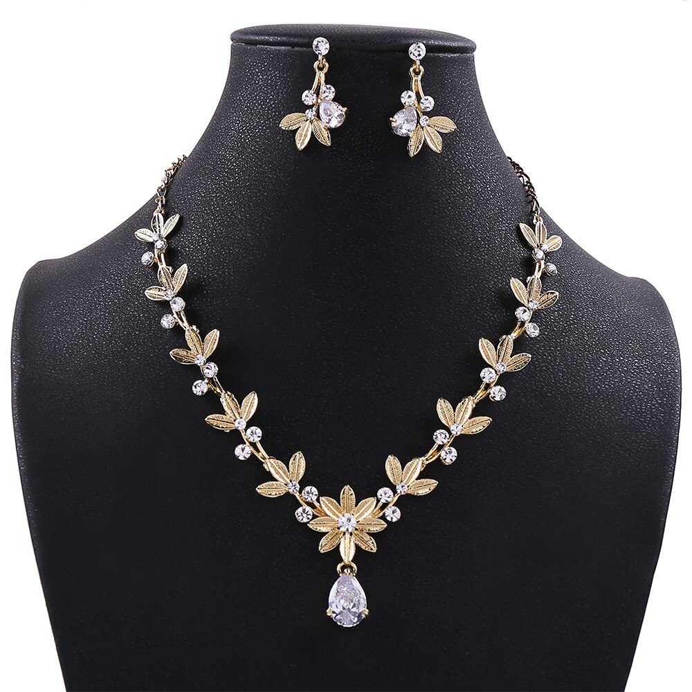 Barock Gold Kristall Perle Blumen Braut Schmuck Sets Strass Crown Tiaras Afrikanische Perlen Schmuck Set Halskette Ohrringe Set: 2Pcs Gold Set