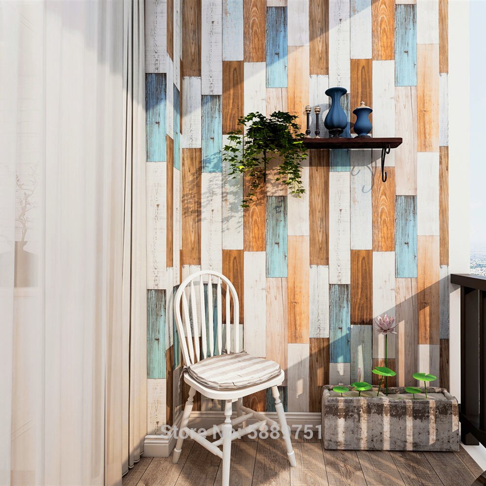 Papel tapiz de vinilo autoadhesivo para decoración del hogar, 3D tablón de madera, color marrón/Blanco/azul, para pared de habitación y ducha