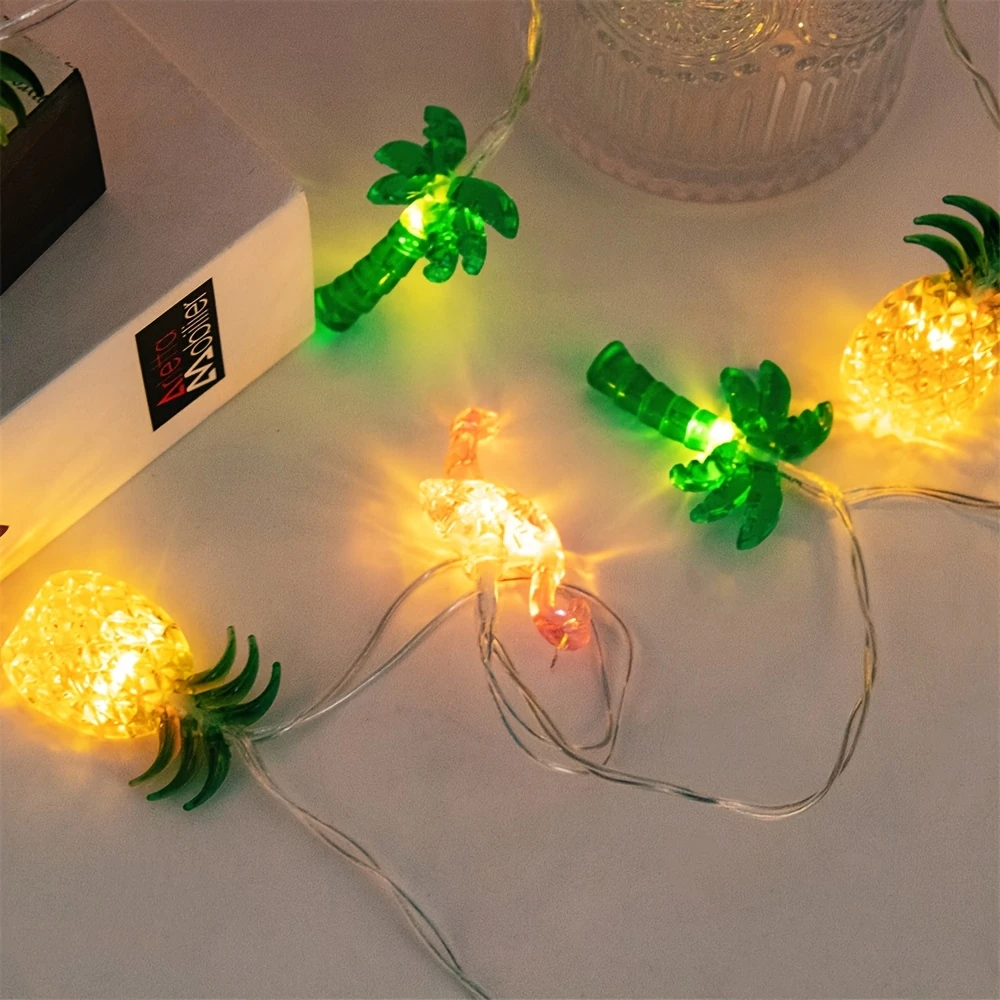 Guirlande lumineuse LED en forme de flamant rose, ananas, palmier, fonctionne à piles, pour la maison, jardin, plage tropicale, décor de fête de hawaïennes, 1 pièce