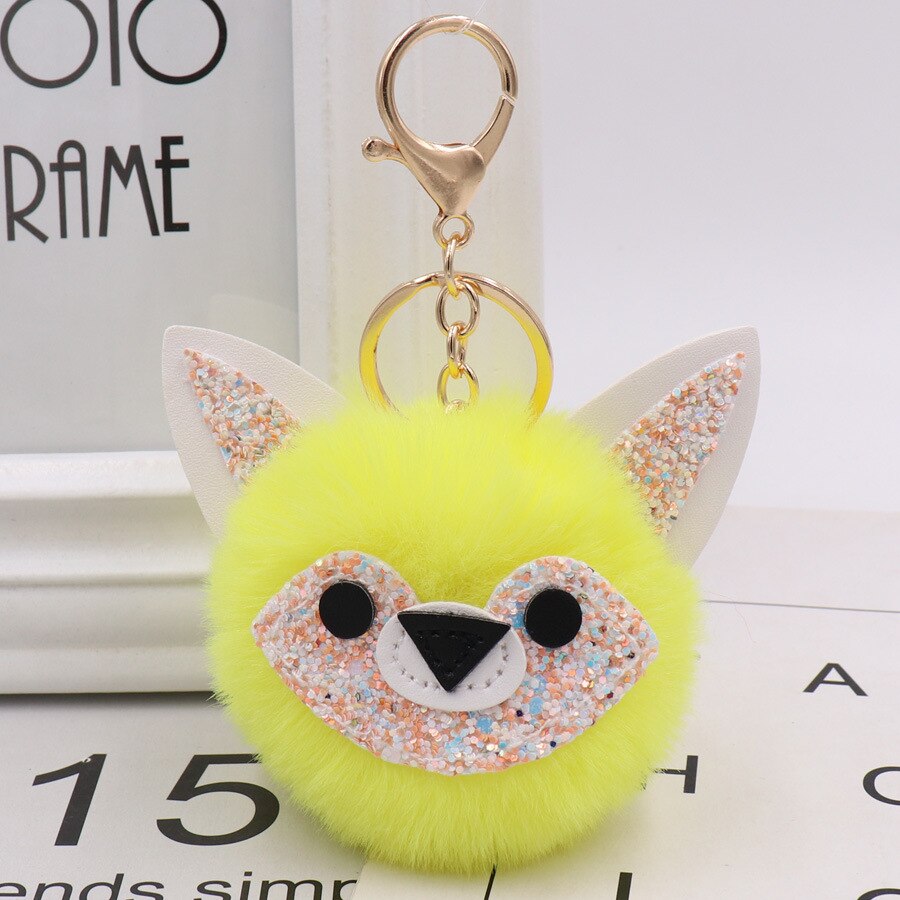 Automne et hiver Style Jade visage renard sac porte-clés modèle Pom-pom porte-clés porte-clés femmes sac pendentif: 14 Yellow  Gold Tone Chain Buckle