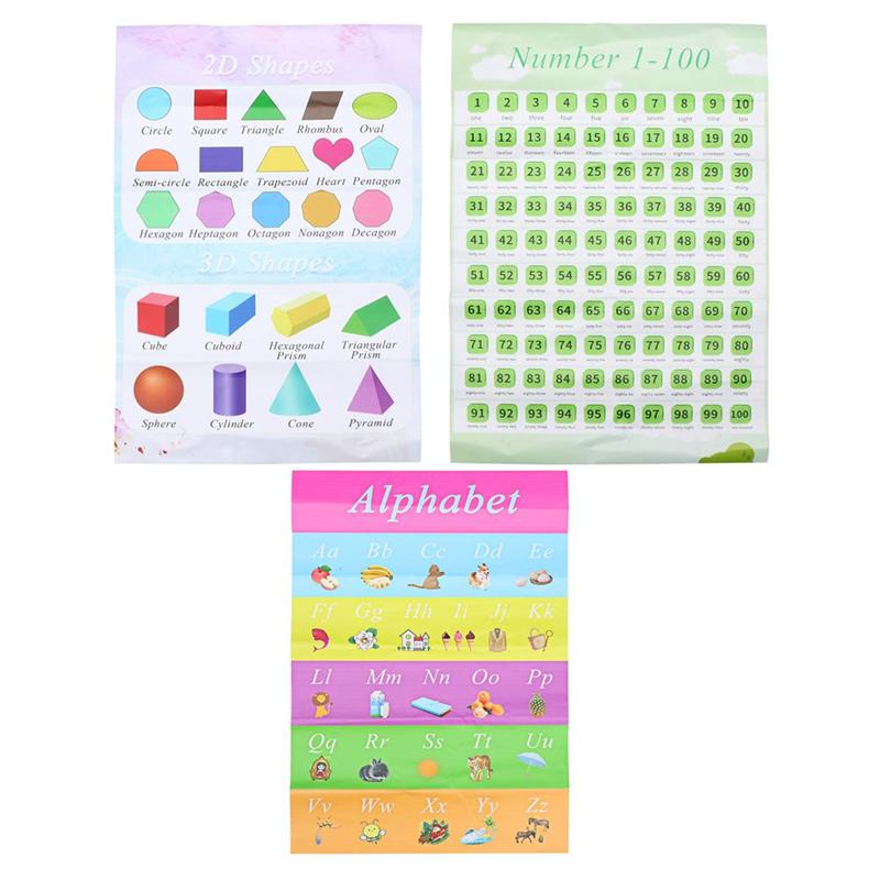 3 stk børn tidlig uddannelse vægkort selvklæbende kort engelsk læringsplakat (geometri + bogstaver + tal)