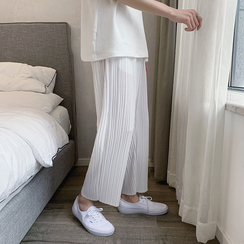 Sommer plisserede bukser herre ensfarvede lige bukser herre streetwear vilde løse koreanske fritidsbukser herre m -2xl