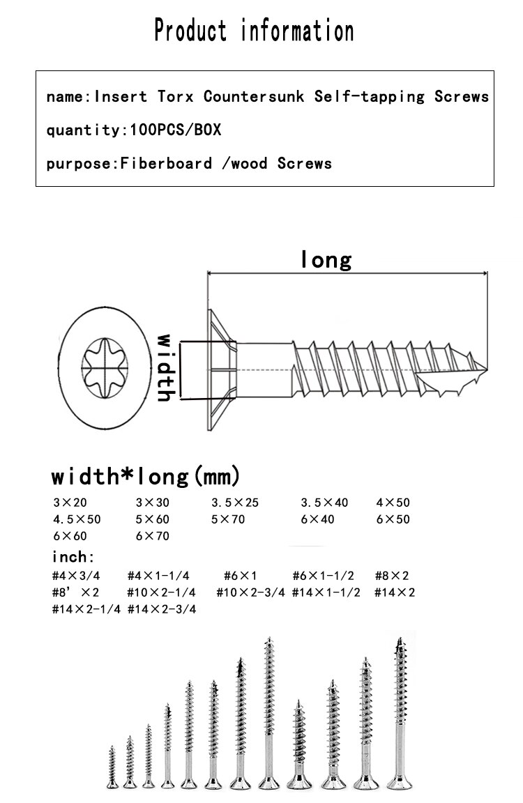 3.5 × 40mm flerbruks kraftinnsats torx forsenkede skruer selvskjærende gjenger kuttet 100 stk  #6 × 1-1/2
