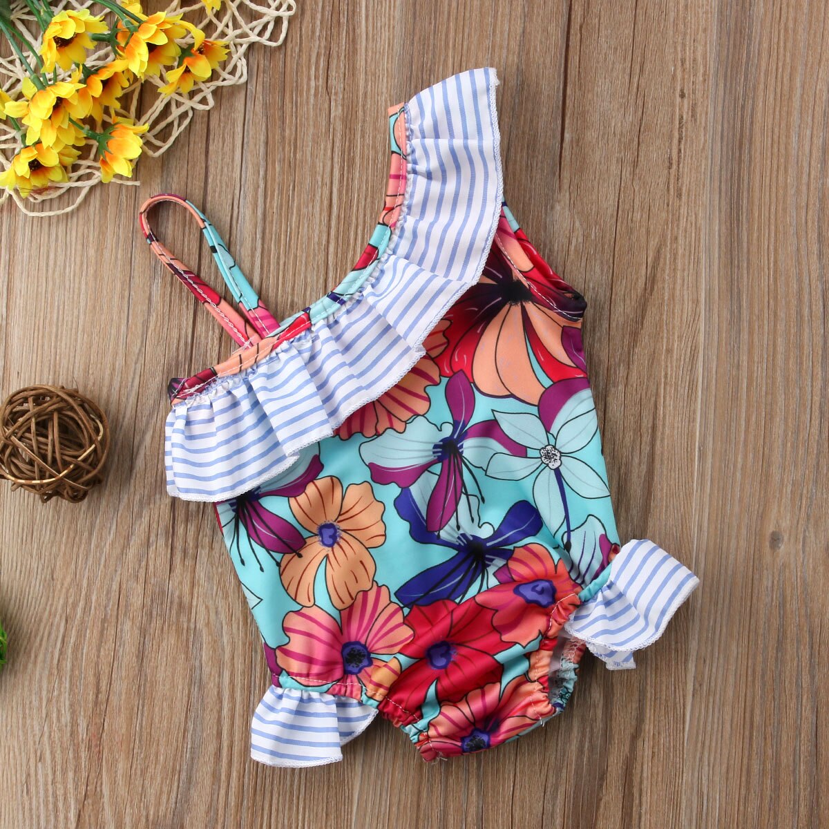 Girl’s Ruffles One Piece Suits Swimsuit Cute Flower Pattern One Shoulder Suspender Swimsuit Beach Suit wear