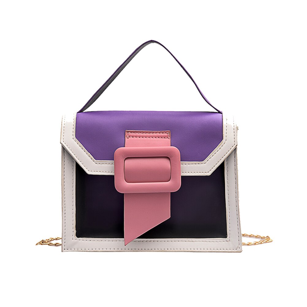 Kontrastfärg pu läder crossbody väskor för kvinnor skurna dam liten axel messenger bag kvinnliga resehandväskor: Lila