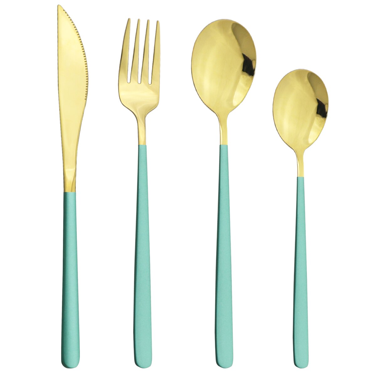 4 -delige paarsgouden serviesset, 18/10 roestvrijstalen besteksets, mes, vork, dessertlepels, bestekset, keukenserviesset: Groen goud