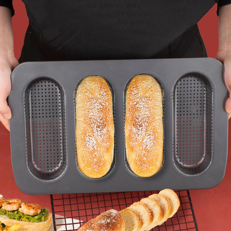 Anti-aanbak Geperforeerde 4-Cup Franse Broodvorm Koolstofstaal Baguette Pan Hotdog Broodje Pan Bakvormen Toast Cake Bakplaat Bakken Ook